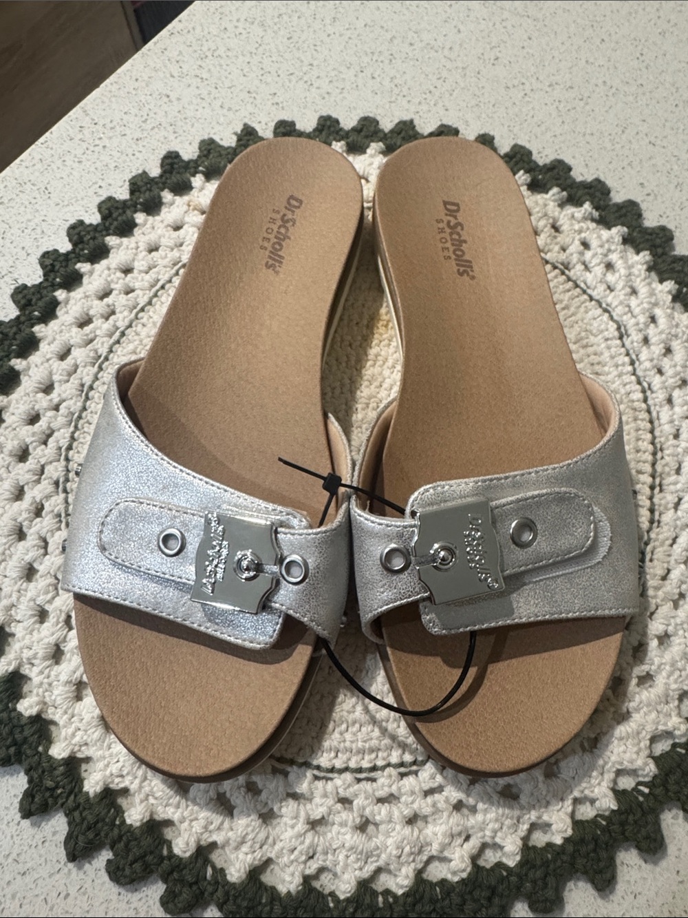 Dr. Scholl's Metallic Silver Slide Sandals with Buckle Accent